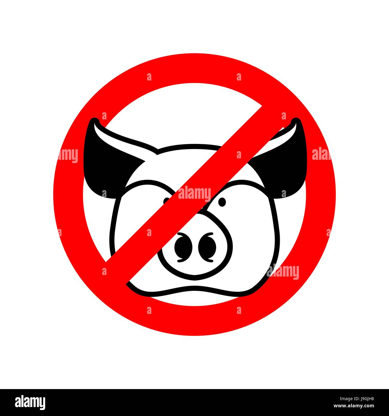 Stop pork. Prohibited animal meat. Crossed-out pig head. Emblem against meat. Red prohibition sign. Ban bacon Stock Vector