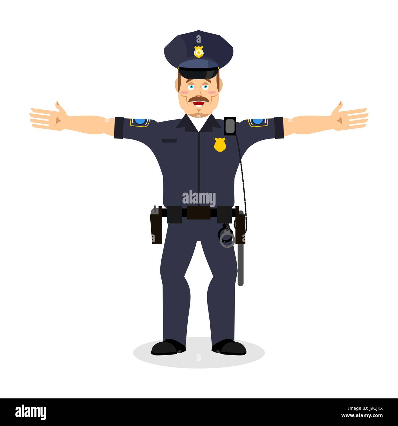 Good friendly cop. happy Policeman. Funny Face Constable. merry officer police Stock Vector