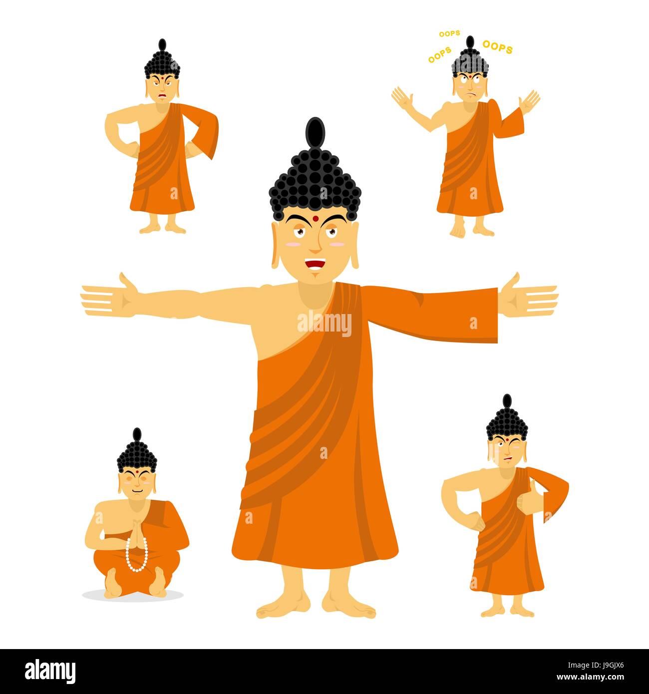 Buddha set of movements. Indian god set of poses. Holy man expression of emotion. High teacher for Buddhists. Holy man in orange robes Stock Vector