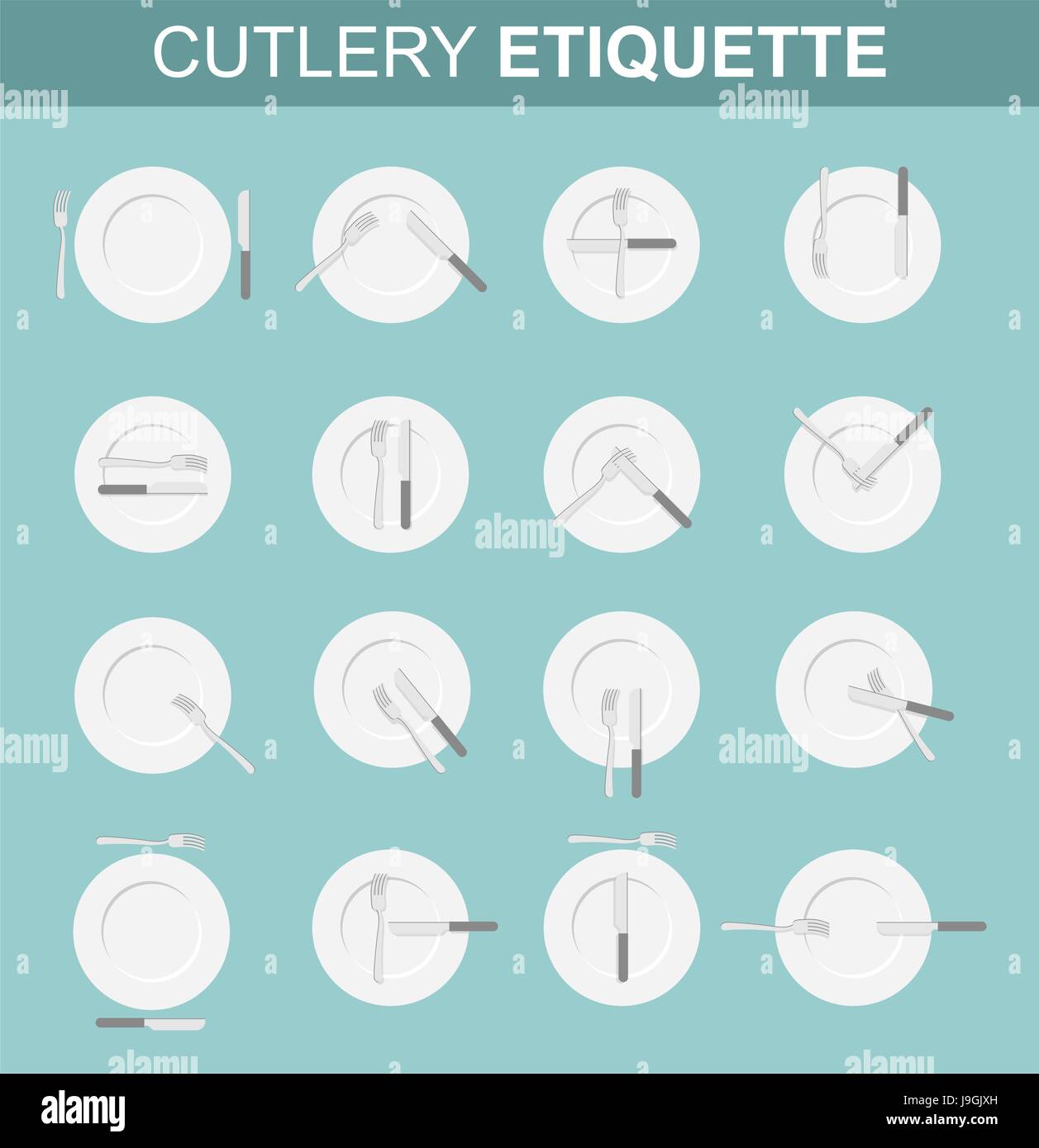 Cutlery etiquette. Dining etiquette. Set various options for location of plugs and knife on plate in restaurant. Restaurant etiquette. Rules of conduc Stock Vector