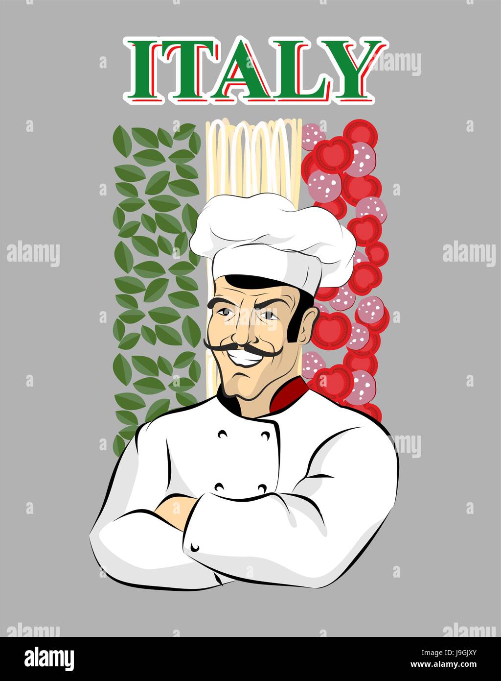 Italian chef. Chef cook and flag of Italy. Green spinach. Red tomatoes and sausage. White spaghetti pasta. Male chef with  mustache. Crossed arms. Pro Stock Vector