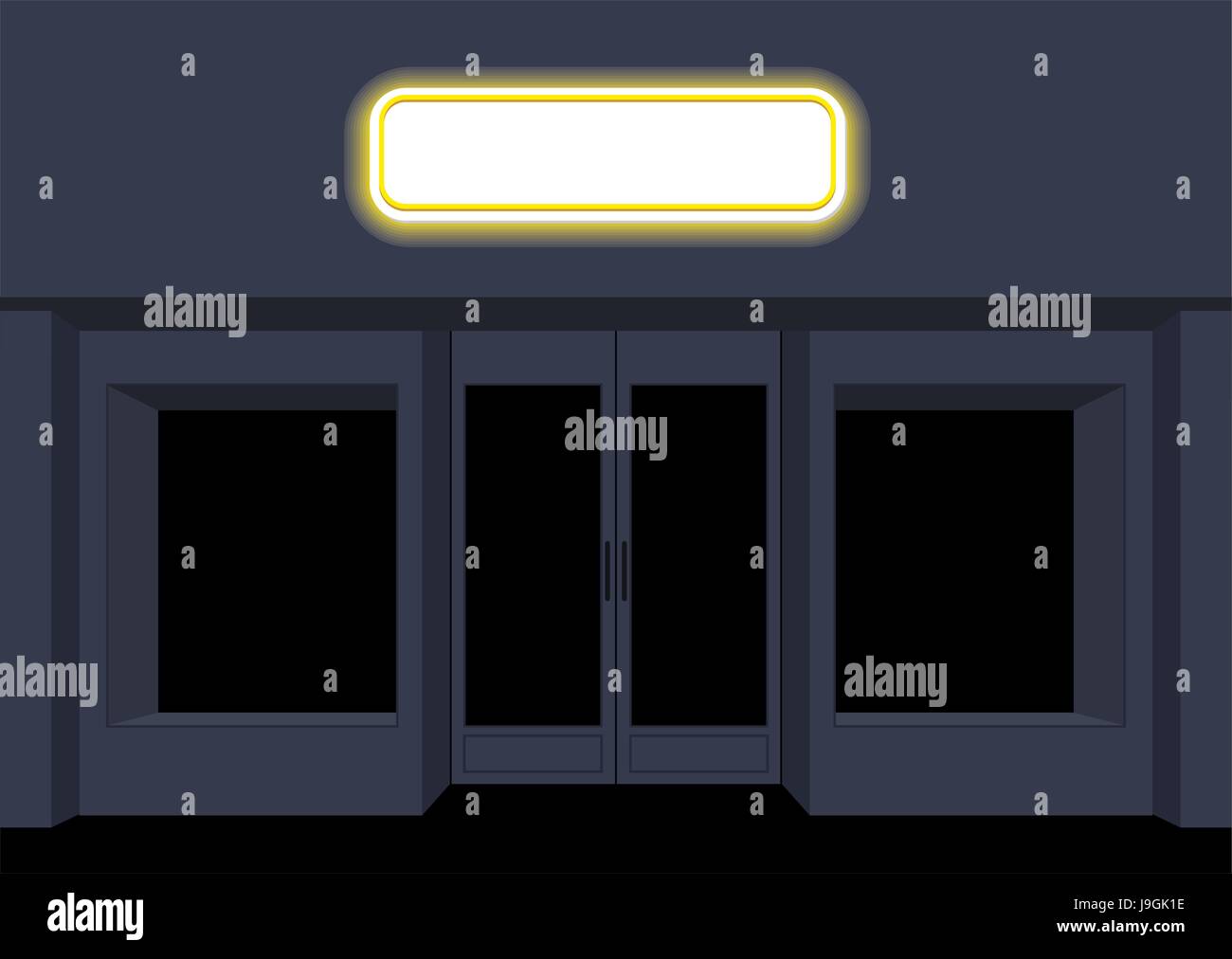 Night shop. Convenience store. Storefront at night. Empty black counters. Shining sign on facade of store. Stock Vector