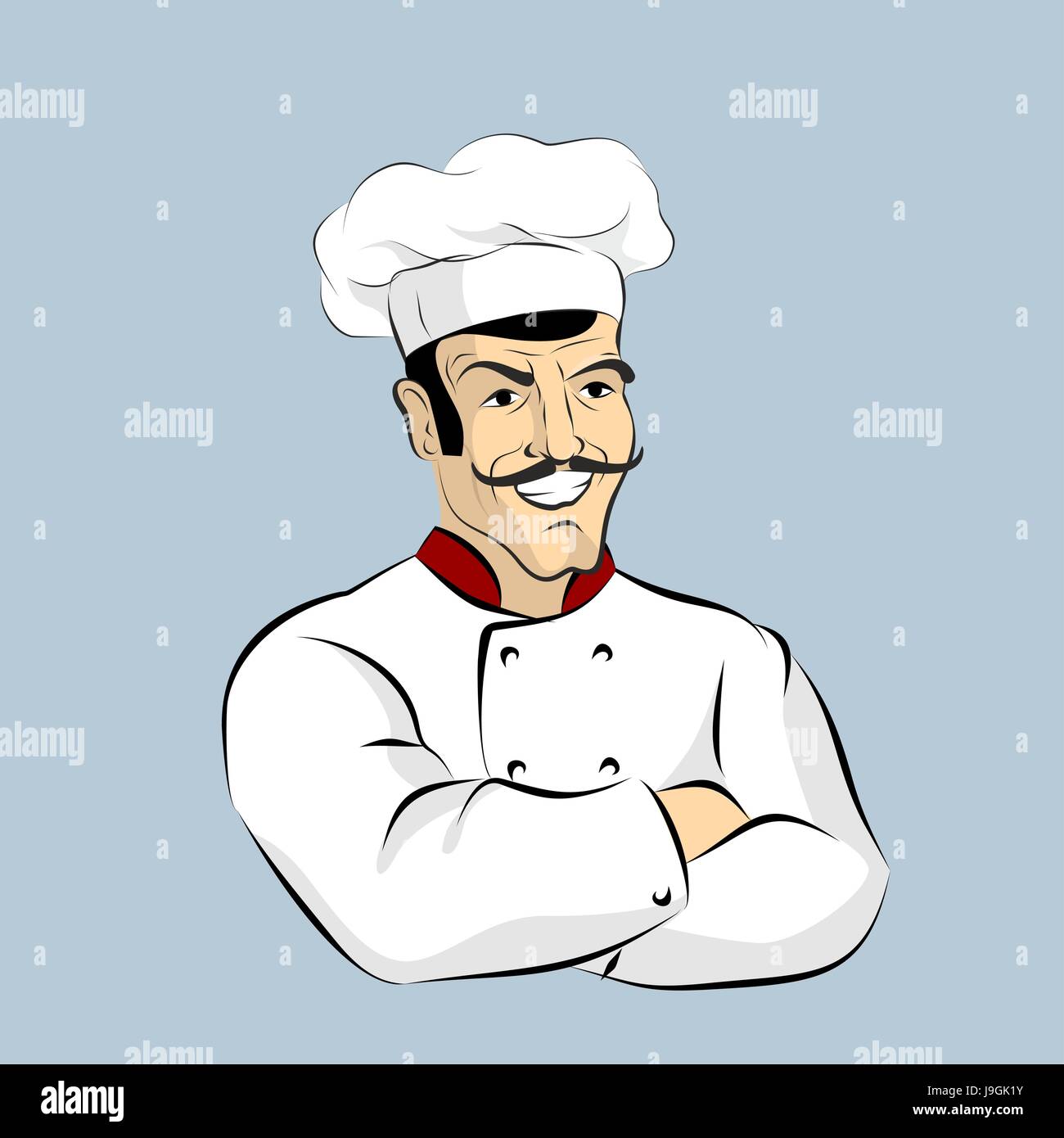 Italian chef Cook with mustache. Professional Cooking. Kitchen worker in a white dress. Character for restaurant or Cafe. Man in pot Cap crossed hand Stock Vector