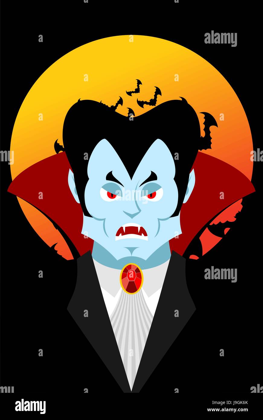 Count Dracula and moon. Evil vampire. Aggressive ghoul. Poster for terrible Halloween. Stock Vector
