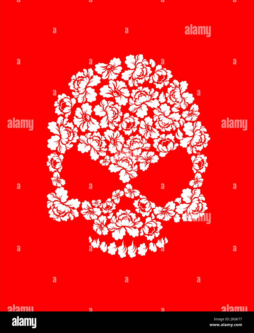 Floral skull on red background. White roses and skeleton head ...