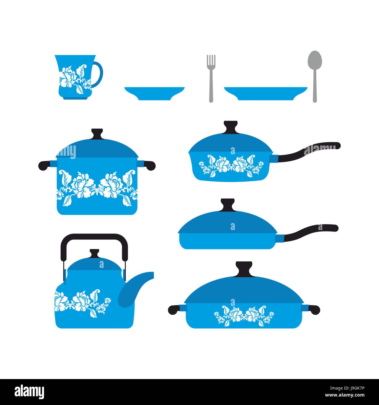 Set of dishes for cooking. Cookware: cup and saucer. Frying pan and  saucepan. Knife and fork. Set blue retro dishes with flower Stock Vector  Image & Art - Alamy