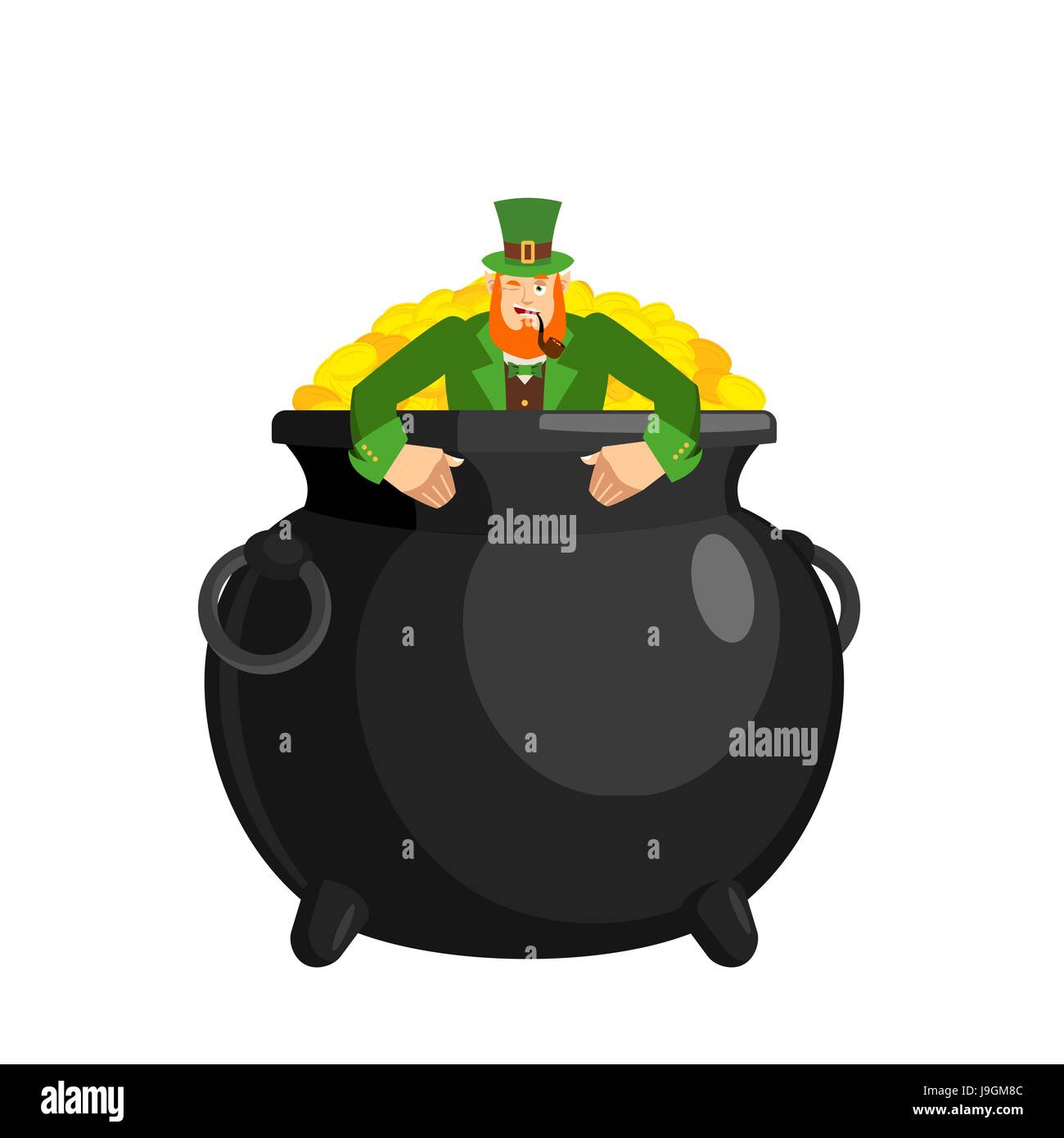 Leprechaun in pot gold. Dwarf with red beard and bowler golded coins. Legendary treasures for lucky. St.Patrick 's Day. Holiday in Ireland Stock Vector