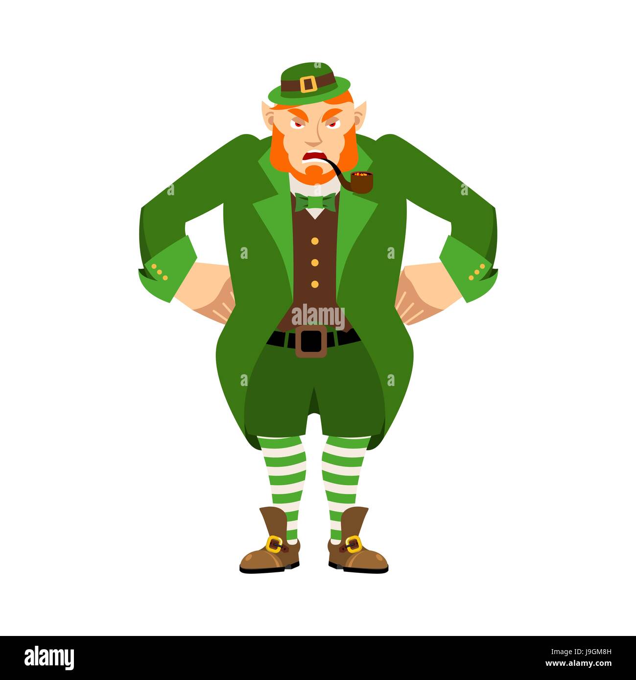 Leprechaun angry. Dwarf with red beard aggressive Emoji. Irish elf emotions. St.Patrick 's Day. Holiday in Ireland Stock Vector