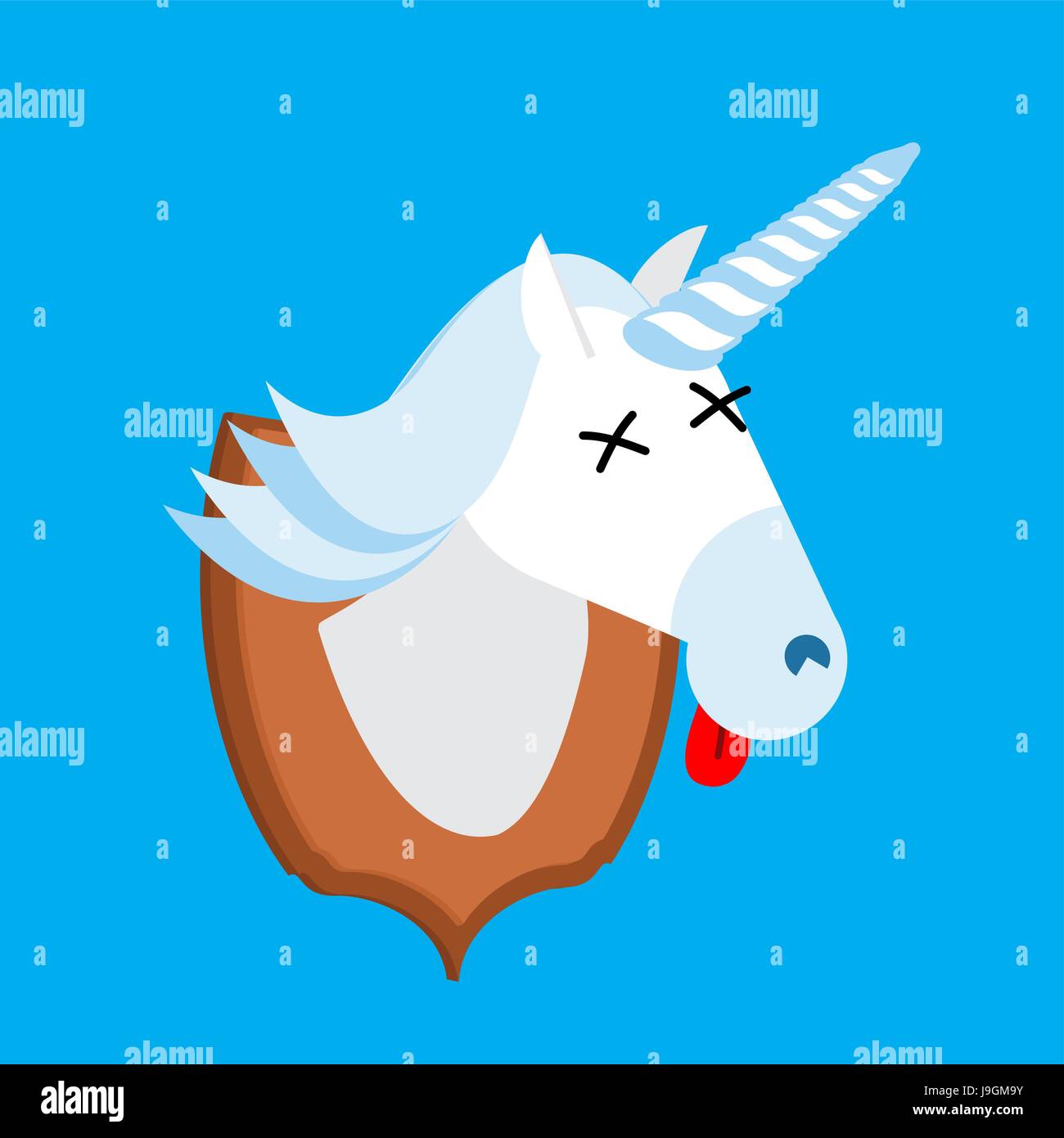 Unicorn hunter trophy. Head is fantastic animal with  horn on shield. Scarecrow magic beast Stock Vector