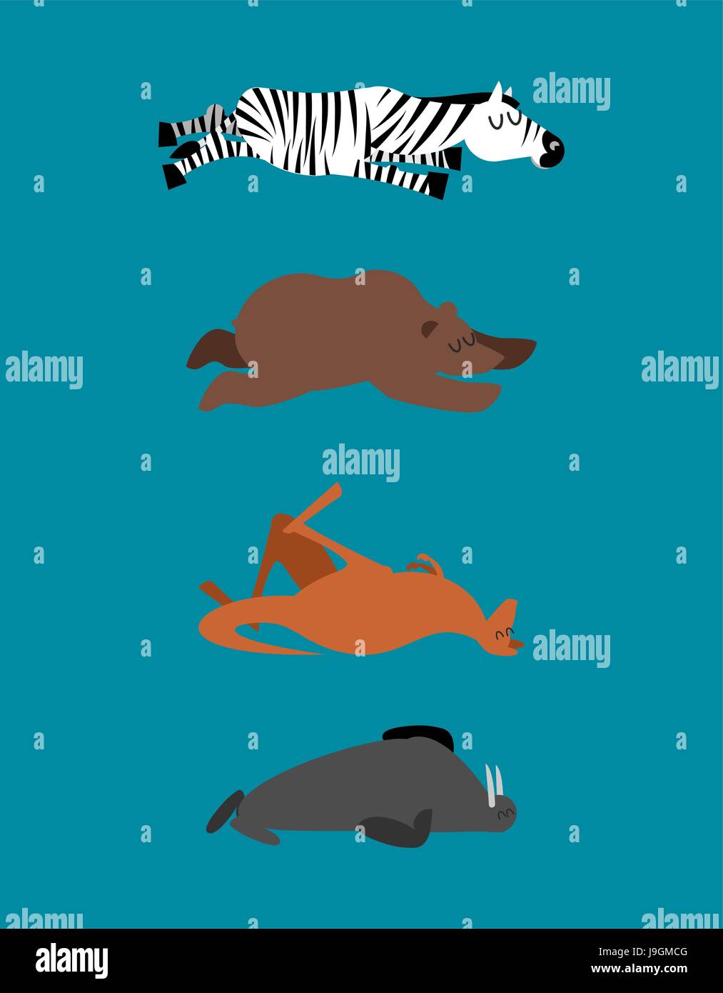 Sleeping animals set 2. Zebra and bear. Walrus and kangaroo. Wild