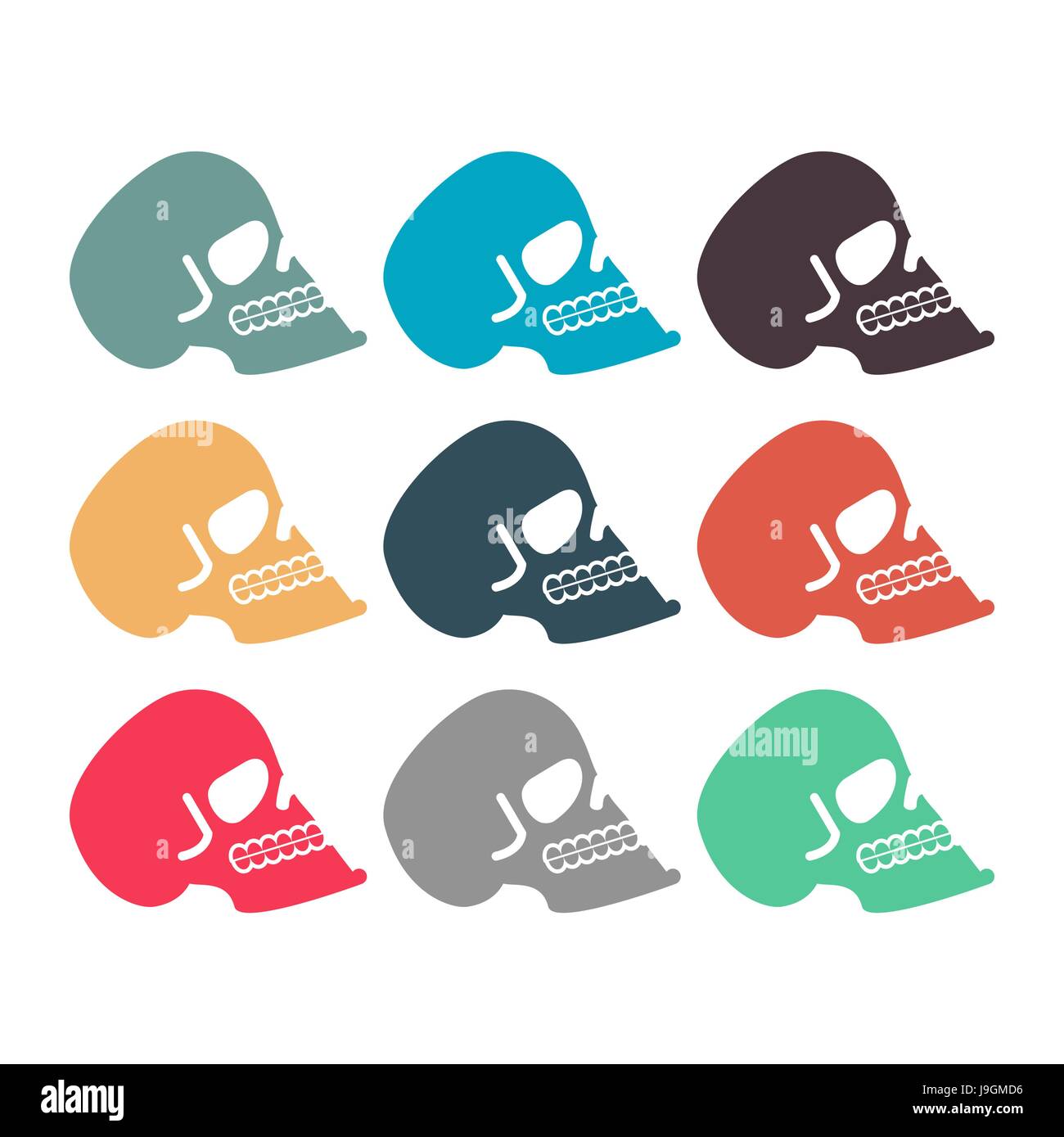 Colored skull set. Multicolored skeleton head. Symbol of death Stock Vector