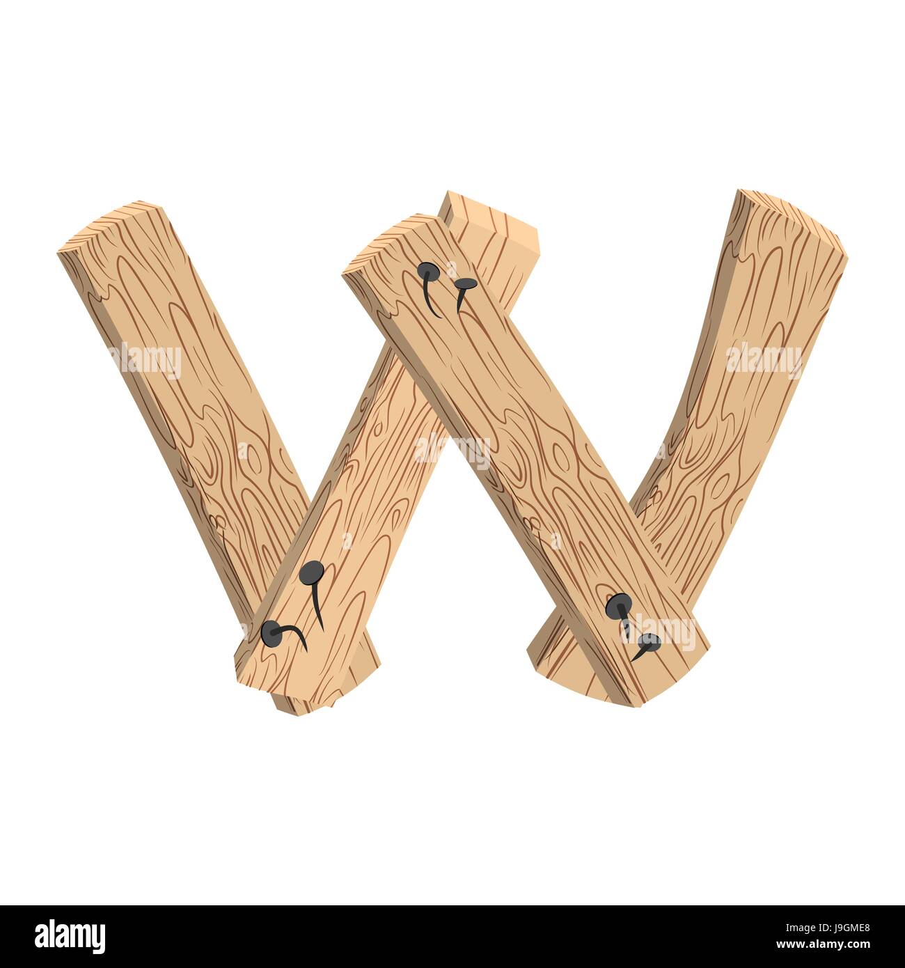 letter W wood board font. plank and nails alphabet. Lettering of boards