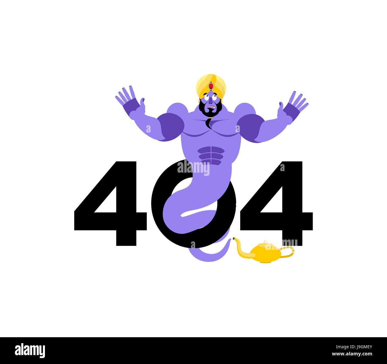 Error 404. Genie surprise. Page not found template for web site. Arabic magic spirit does not know and is surprised. Page lost and found message. prob Stock Vector