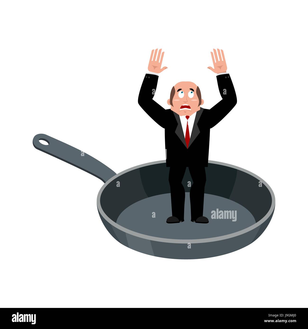 Businessman in frying pan. sinner in cauldron. boss is frying on hellfire. Religion is punishment for sins Stock Vector