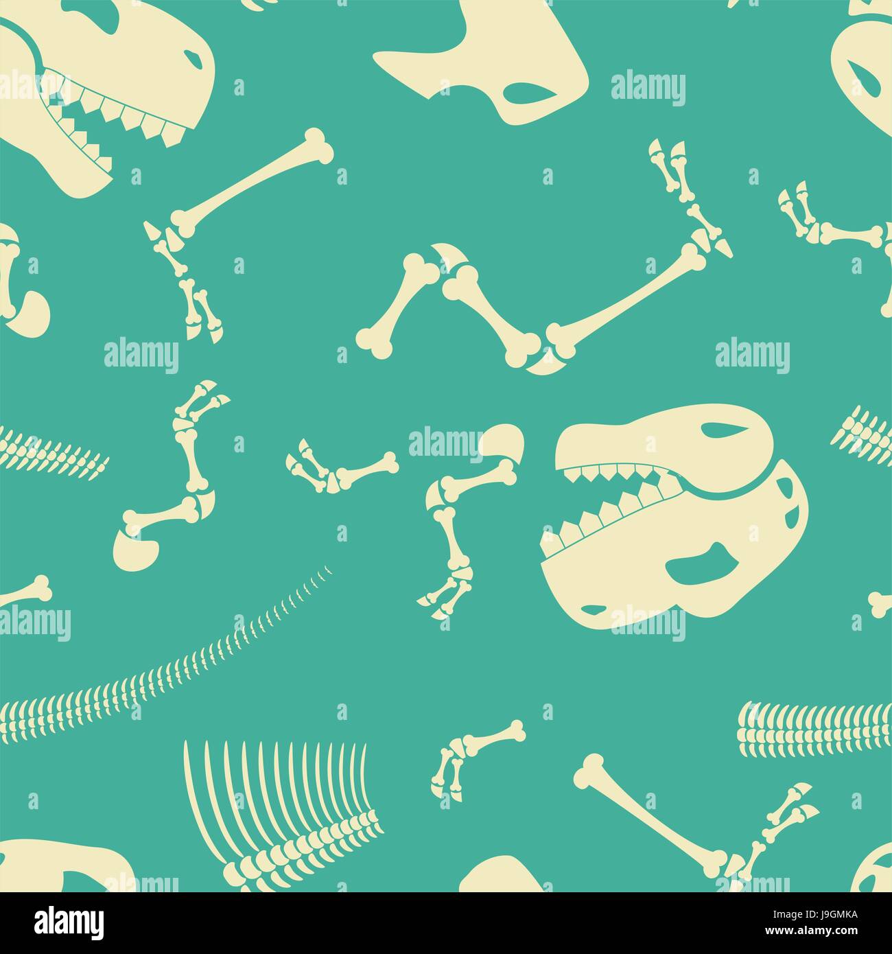 Skeleton dinosaur seamless pattern. Dino Bones ornament. Tyrannosaurus Skull background. Prehistoric reptile texture. Stock Vector