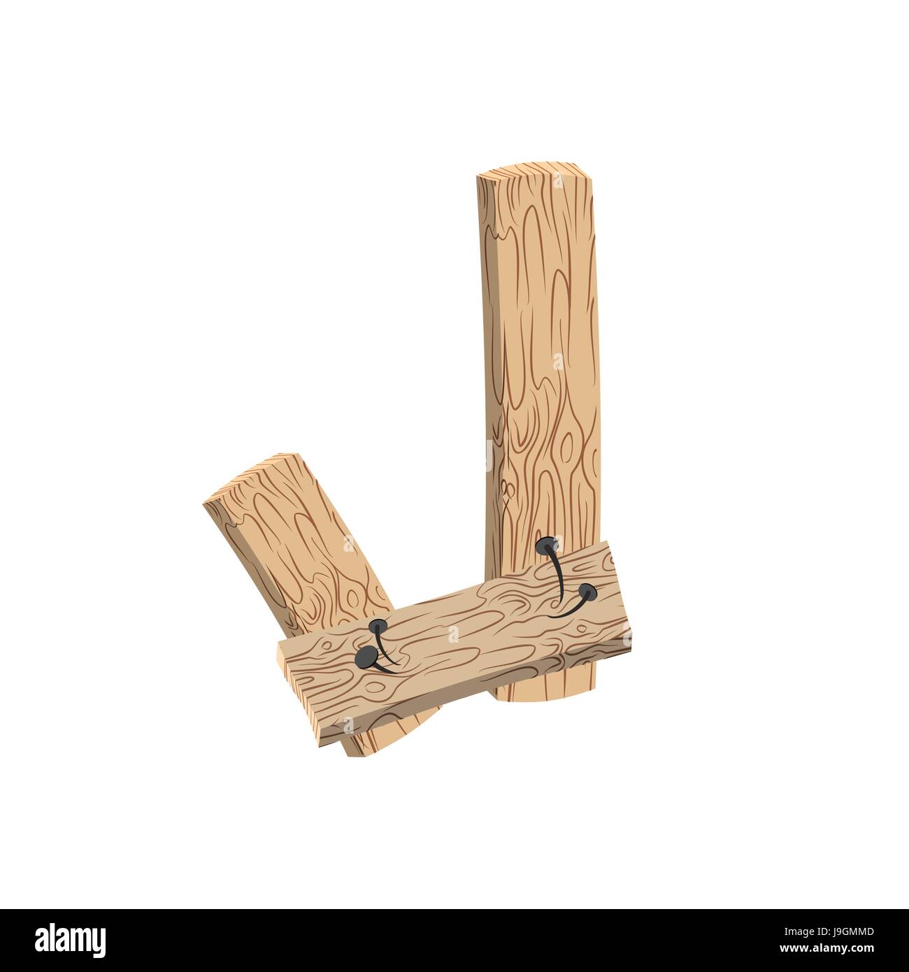 letter J wood board font. plank and nails alphabet. Lettering of boards