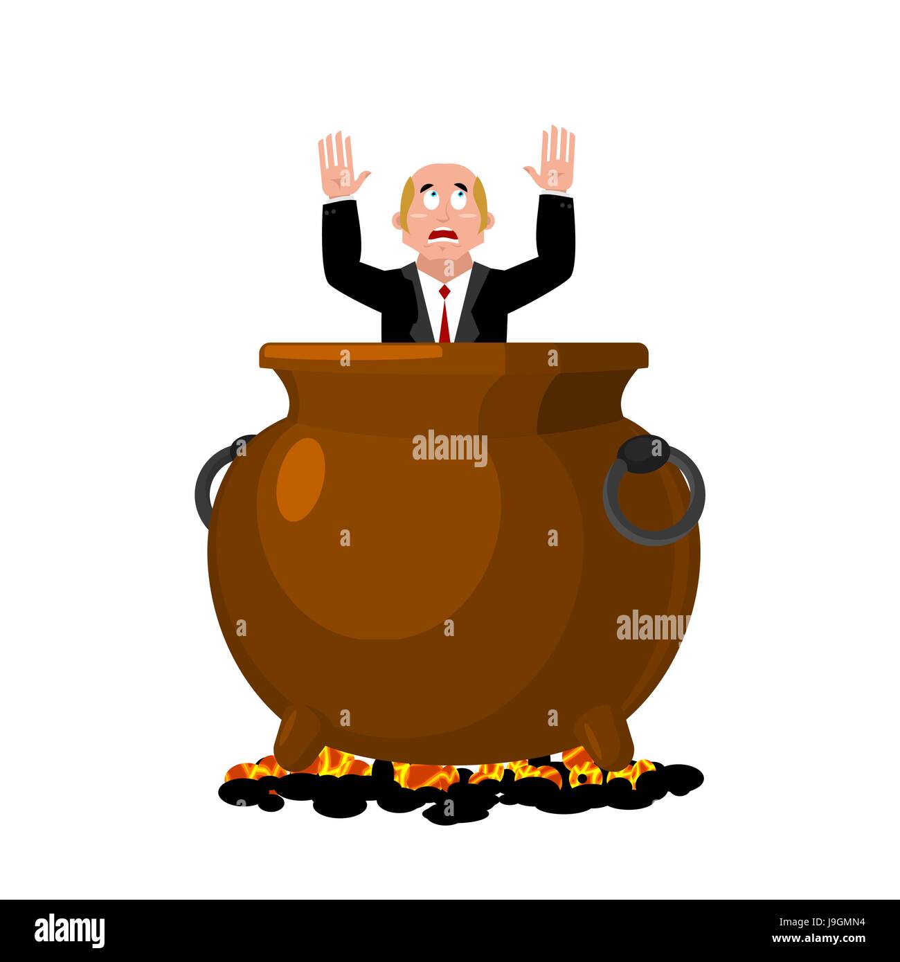 Businessman in infernal cauldron. sinner in frying pan. boss is frying on hellfire. Religion is punishment for sins Stock Vector