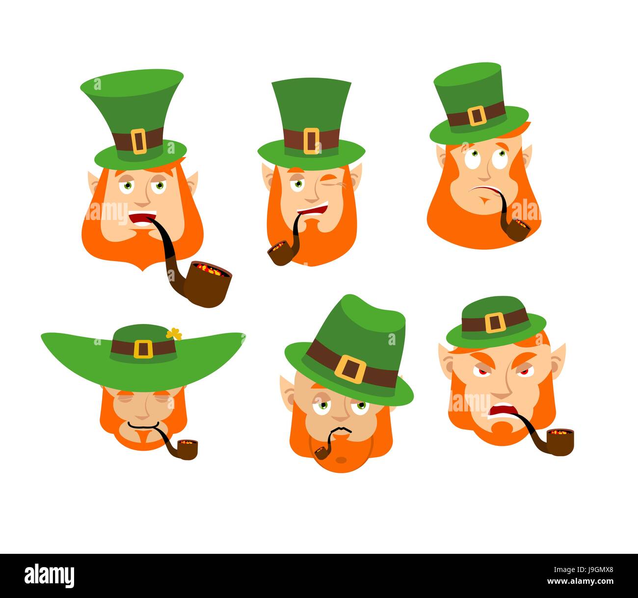 Leprechaun Emoji set. Happy and Sad. Angry and sleeping. surprised and winks. Dwarf with red beard. Irish elf emotions. St.Patrick 's Day. Holiday in  Stock Vector