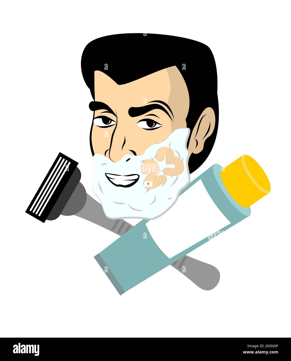 Man with shaving foam. razor and tube shaving gel. Guy shaves. Number