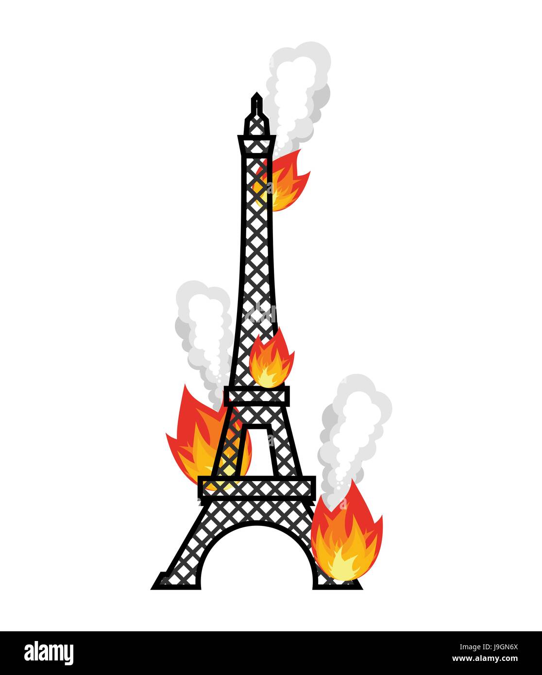 Eiffel Tower fire. Flame in Paris. Disaster Stock Vector