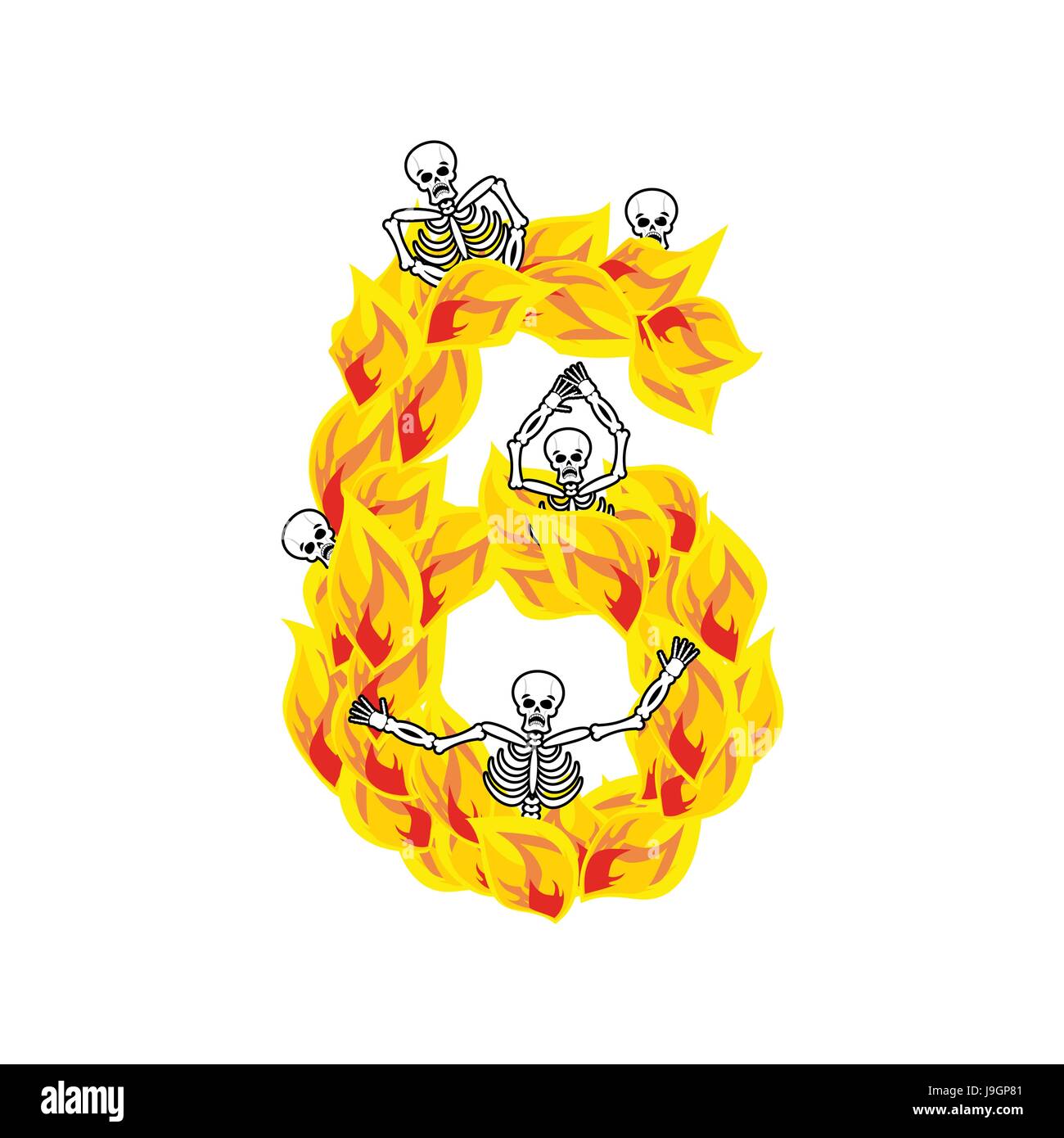 Number 6 hellish flames and sinners font. Fiery lettering six. Infernal fire alphabet. ABC devilish flame of Death Satanic and skeleton Stock Vector