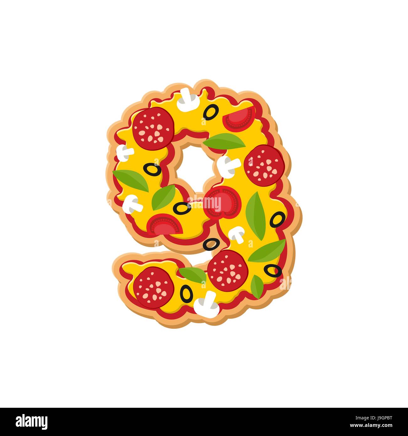 Number 9 pizza font. Italian meal alphabet numeral nine. Lettring fast