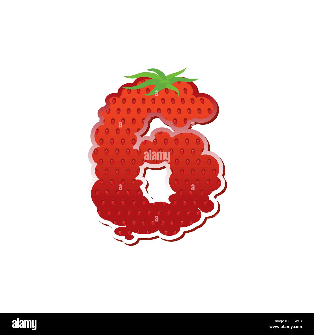 Number 6 Strawberry font. Red Berry lettering six alphabet. Fruits ABC Stock Vector