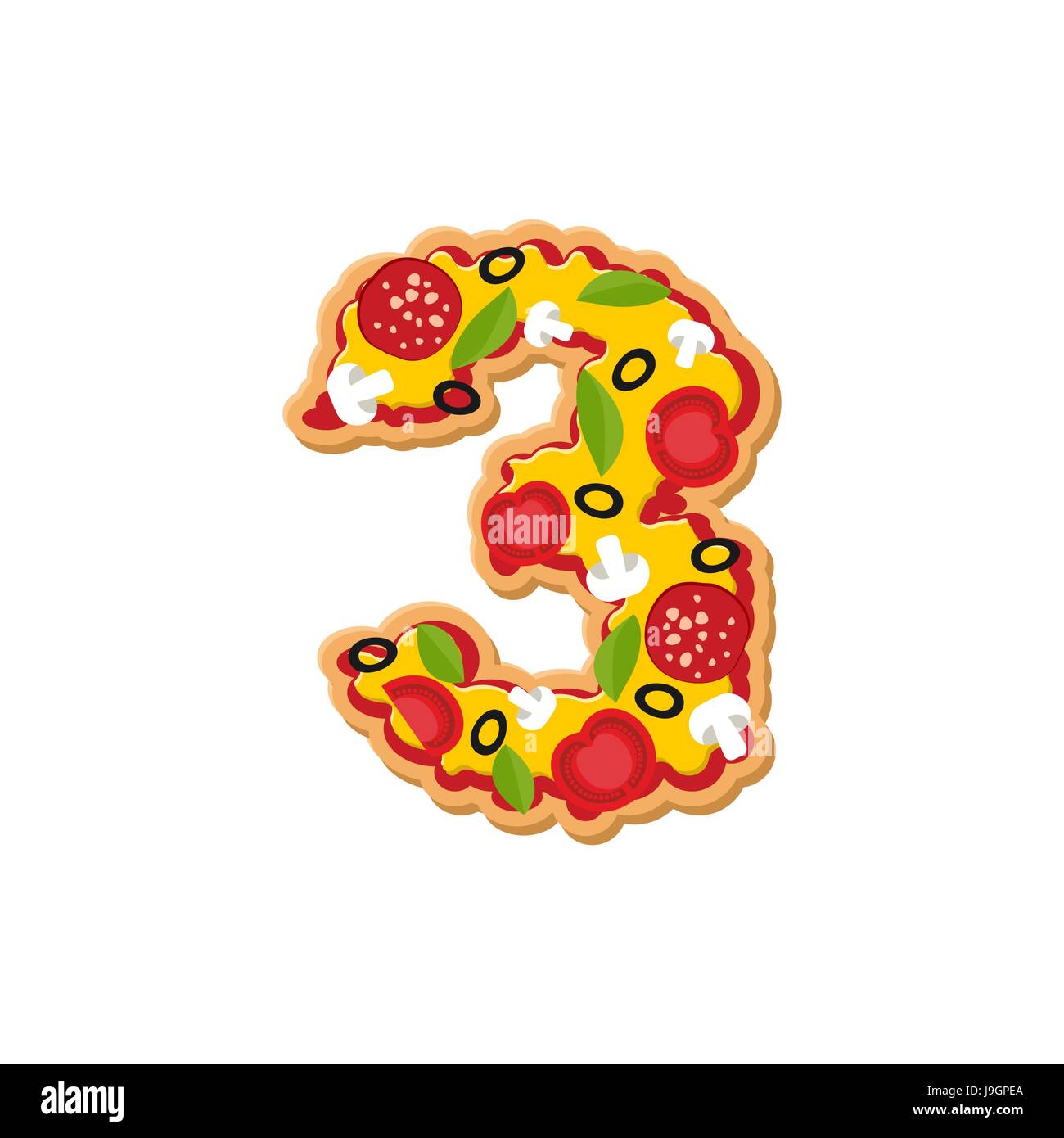 Number 3 pizza font. Italian meal alphabet numeral three. Lettring fast