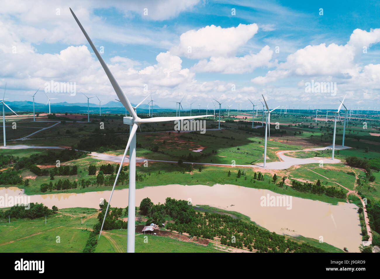 Wind turbine from aerial view. Sustainable development, environment friendly concept. Wind turbine give renewable energy, sustainable energy, alternat Stock Photo