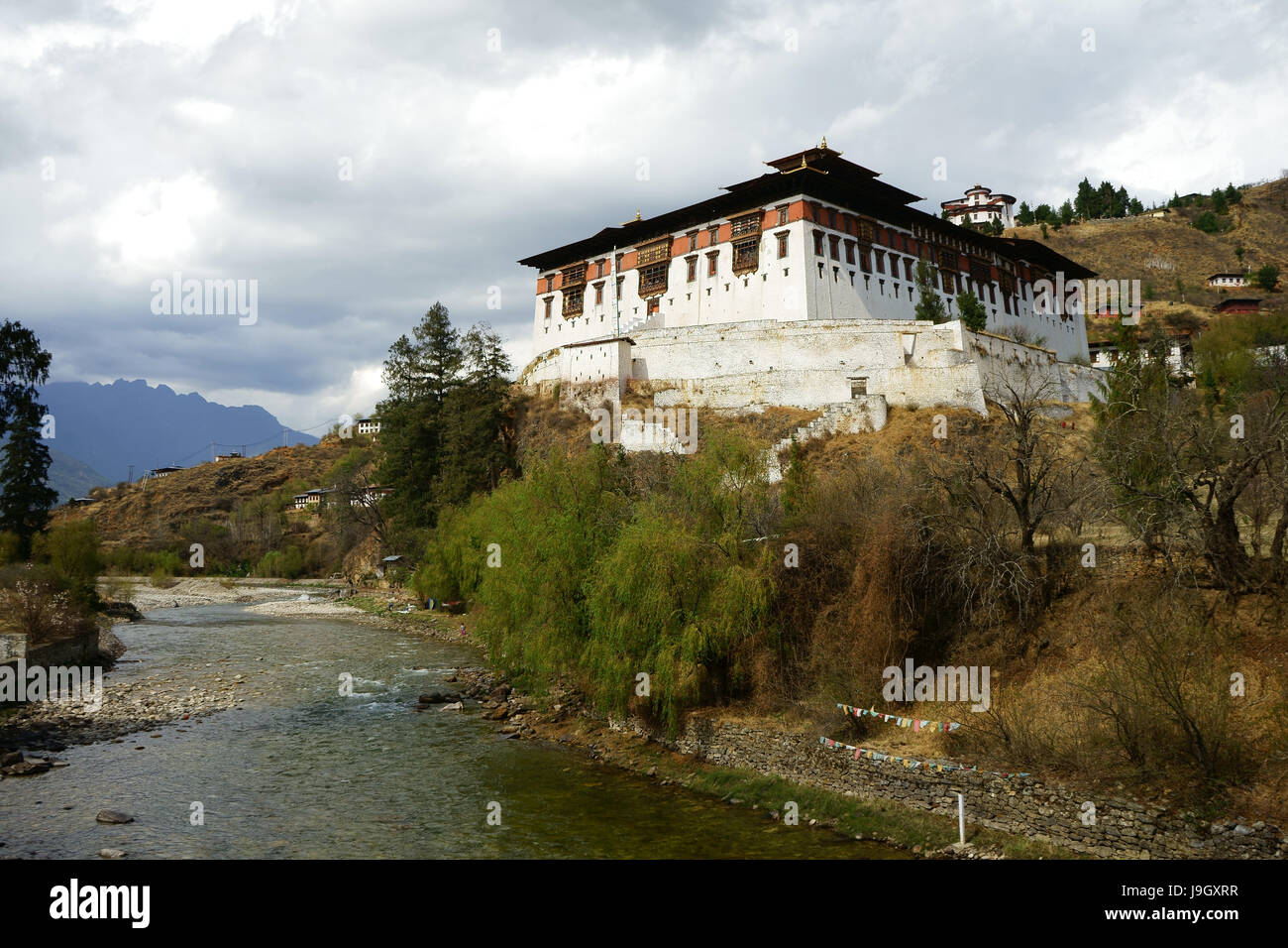 Dzong at Paro with watchtower above, Bhutan Stock Photo