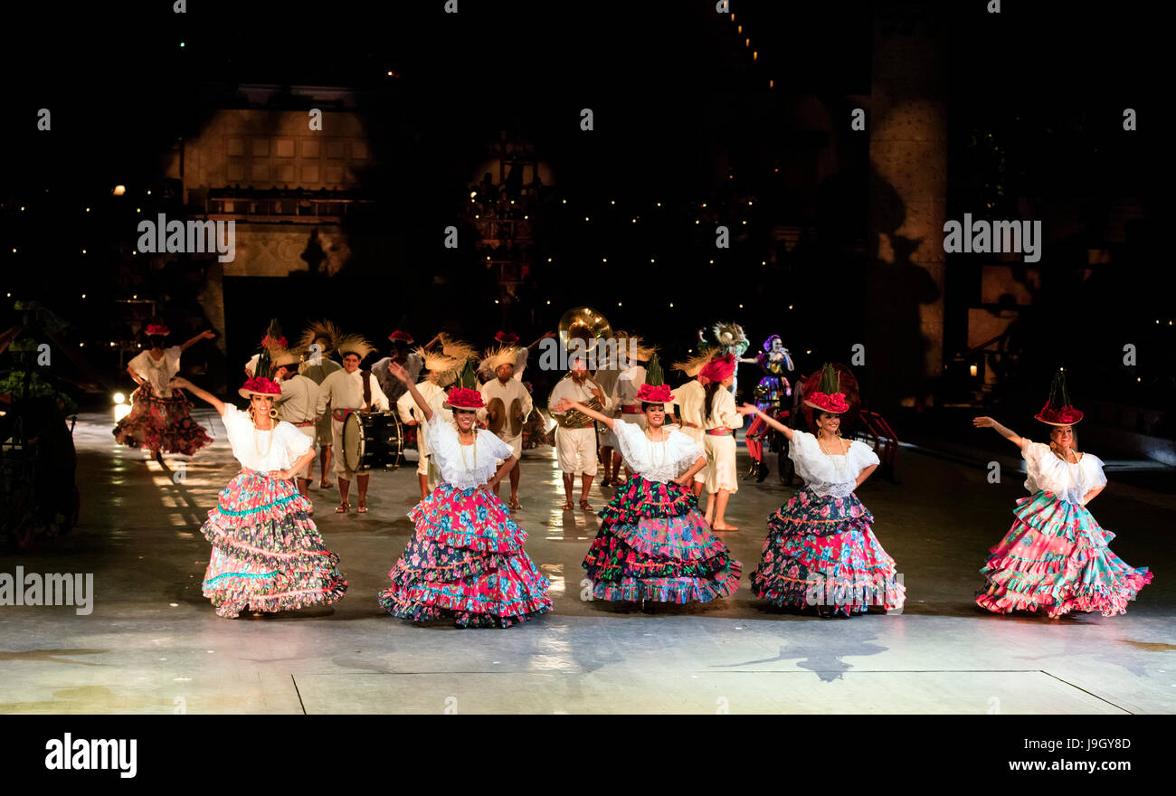 Stock Photo - Musicians in costume performing traditional music at Xcaret Mexico Espectacular dinner show at Xcaret eco theme park, Riviera Maya Stock Photo