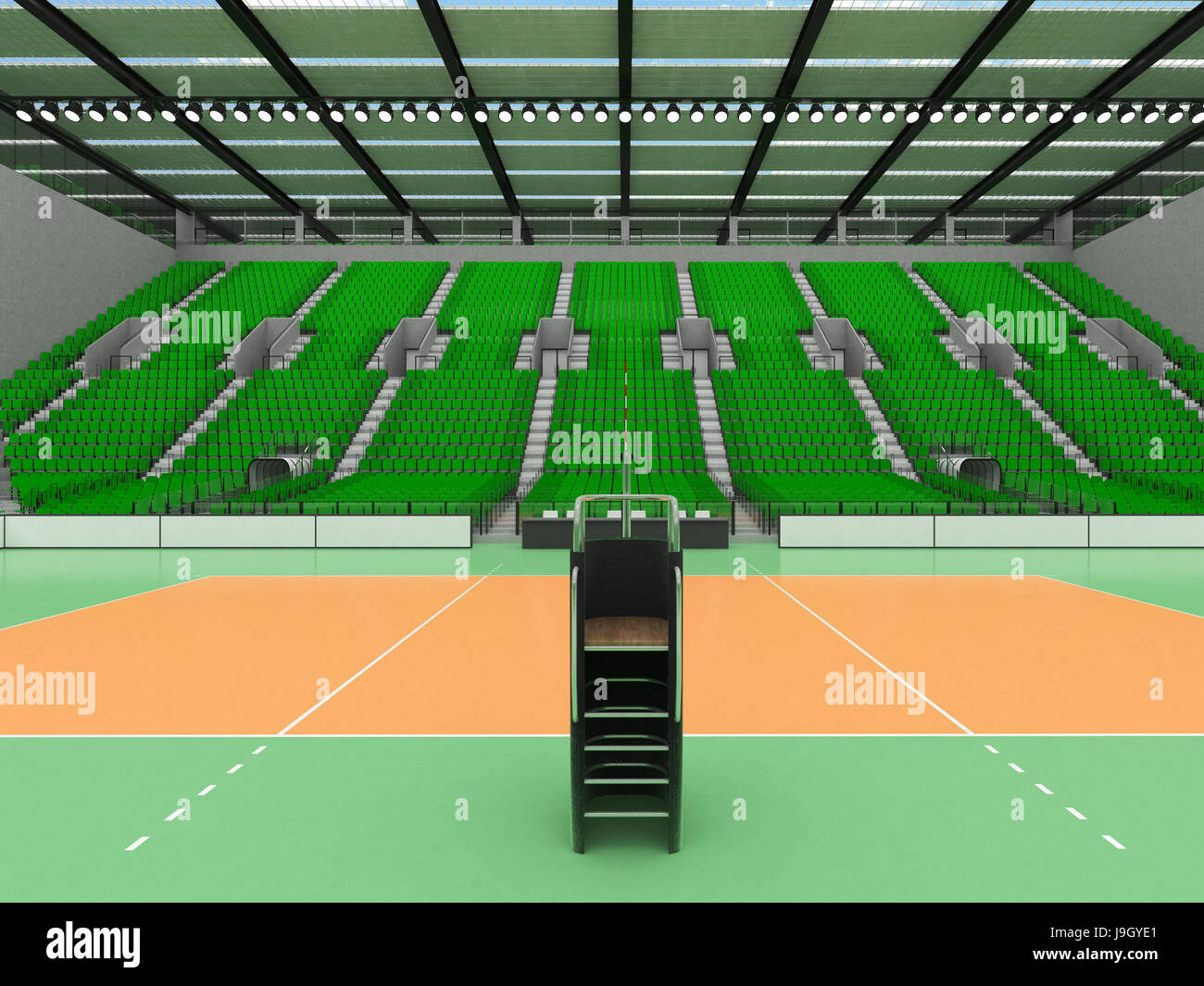 3D render of beautiful sports arena for volleyball with green seats and