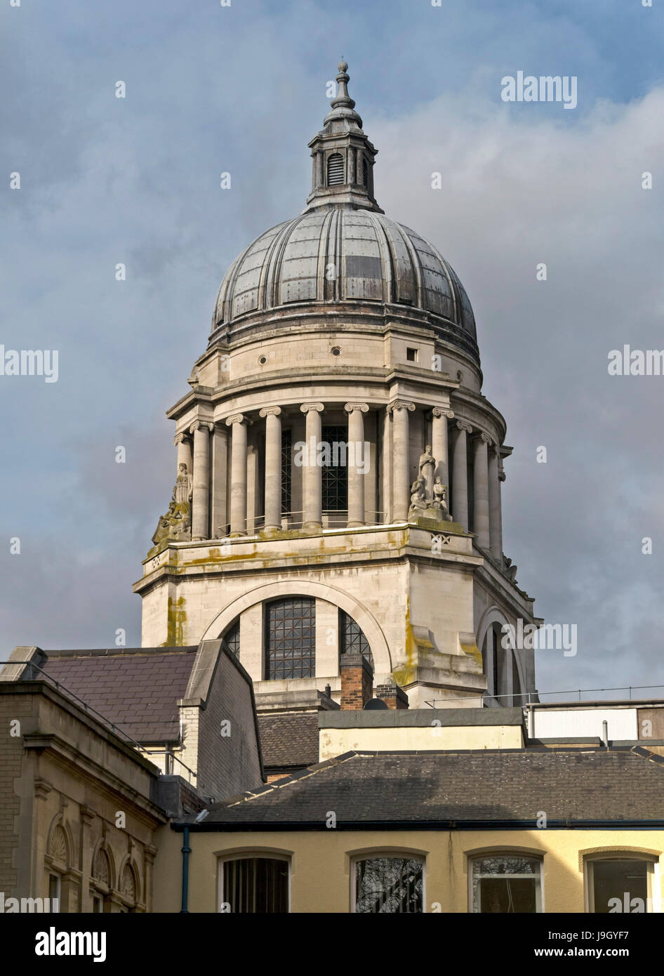 Ornate lead dome roof with ionic columns and cupola on roof of Nottingham Council House building