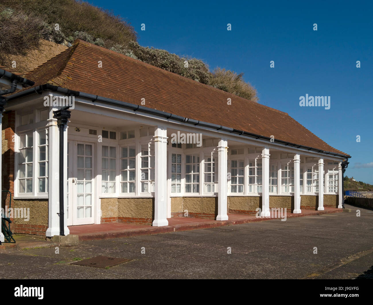 Luxury beach chalets, Eastbourne promenade, East Sussex, England, UK Stock Photo