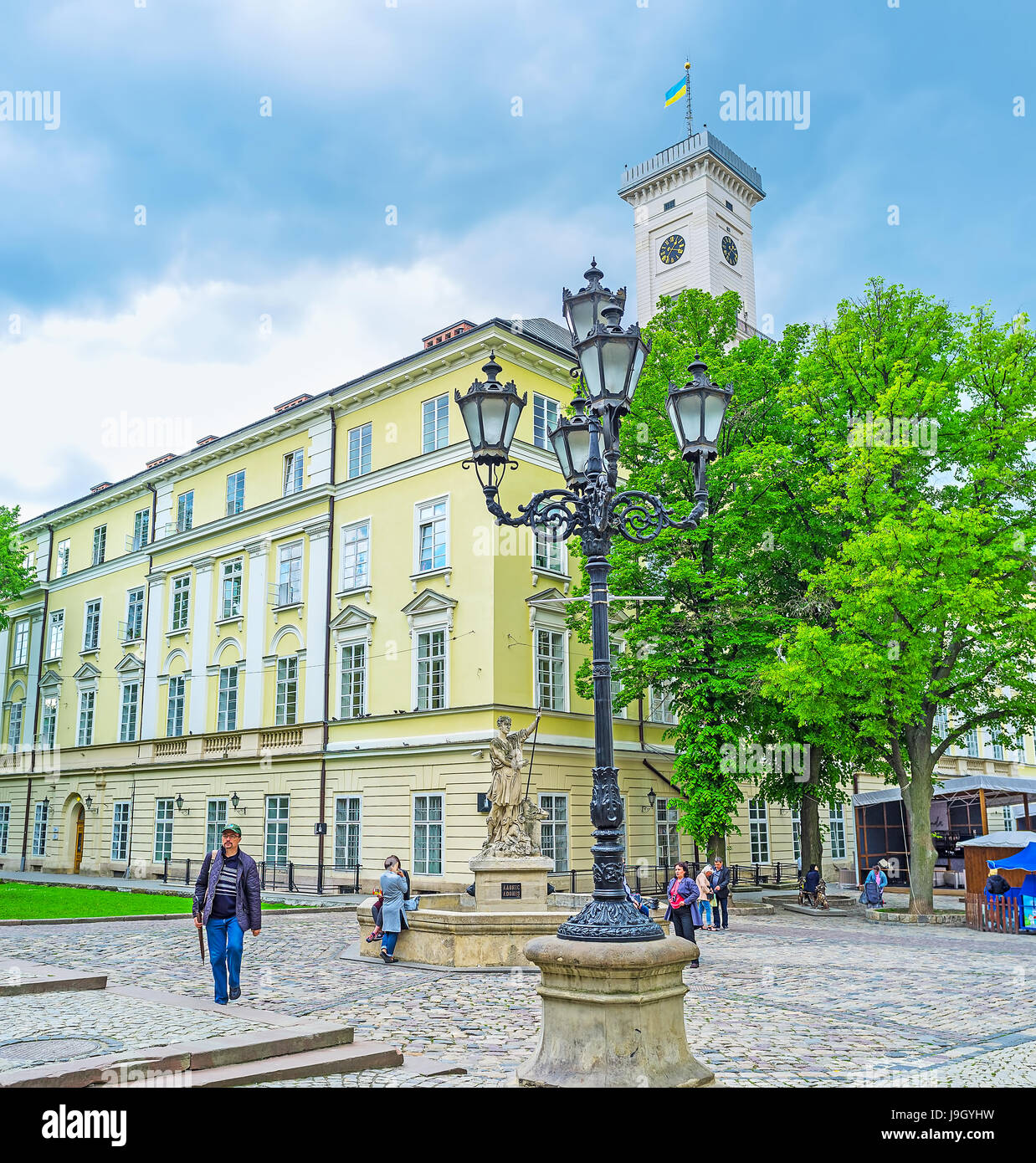 LVIV, UKRAINE - MAY 16, 2017: The vintage streetlight in Market Square ...
