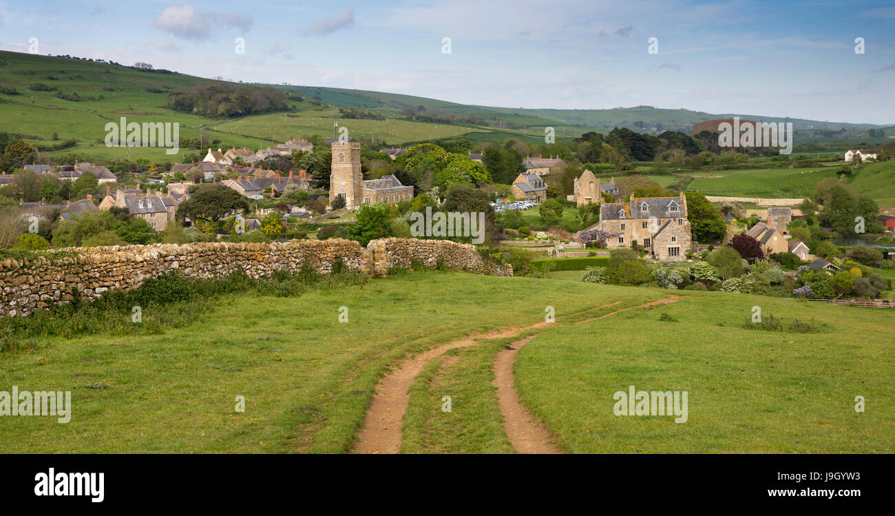 UK England, Dorset, Abbotsbury, village panoramic view from Chapel Hill Stock Photo