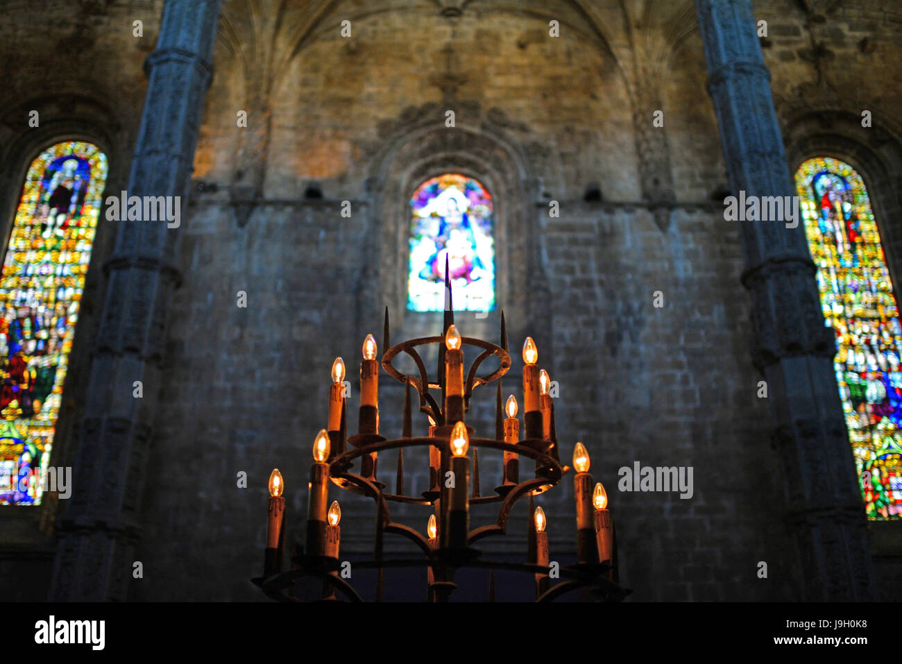 Interior of church at Jeronimos Monastery or Hieronymites Monastery (The Mosteiro dos Jeronimos), a former monastery of the Order of Saint Jerome near Stock Photo