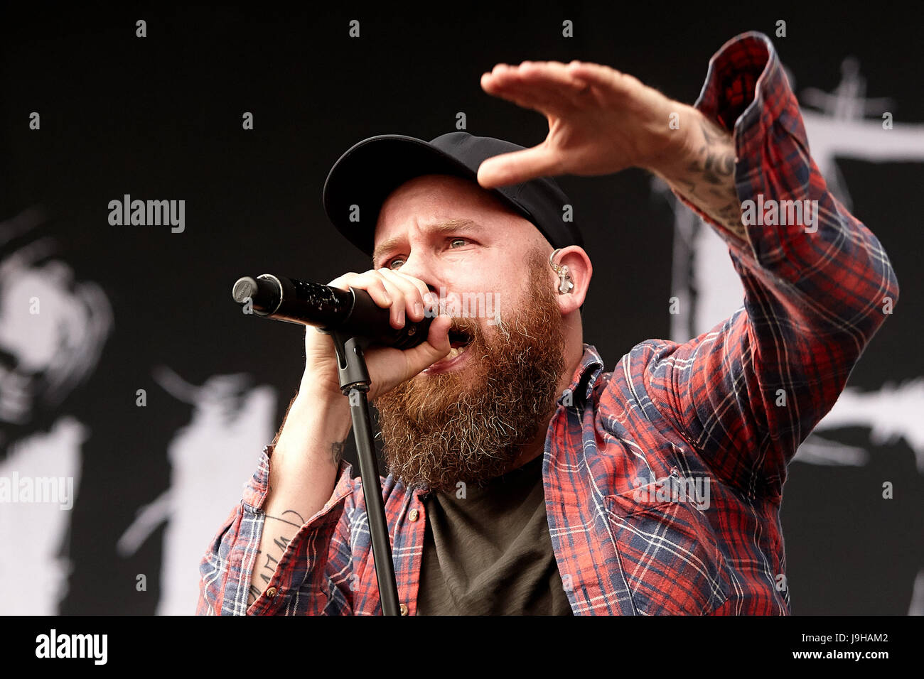 Nuerburg, Germany. 02nd June, 2017. Anders Friden, singer of the Swedish  band 'In Flames', performs on the main stage at the Rock am Ring music  festival in Nuerburg, Germany, 02 June 2017.