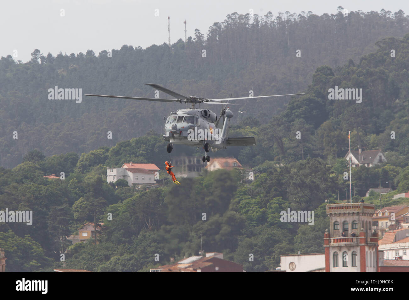 SH-60 Seahawk of the Spanish Navy during the ceremony commemorating the 300th anniversary of the creation of the Marine Guard company, in Mar’n, Pontevedra, Spain, Friday, June 2, 2017.  Today is the third anniversary of the abdication of Juan Carlos I as King of Spain. Stock Photo