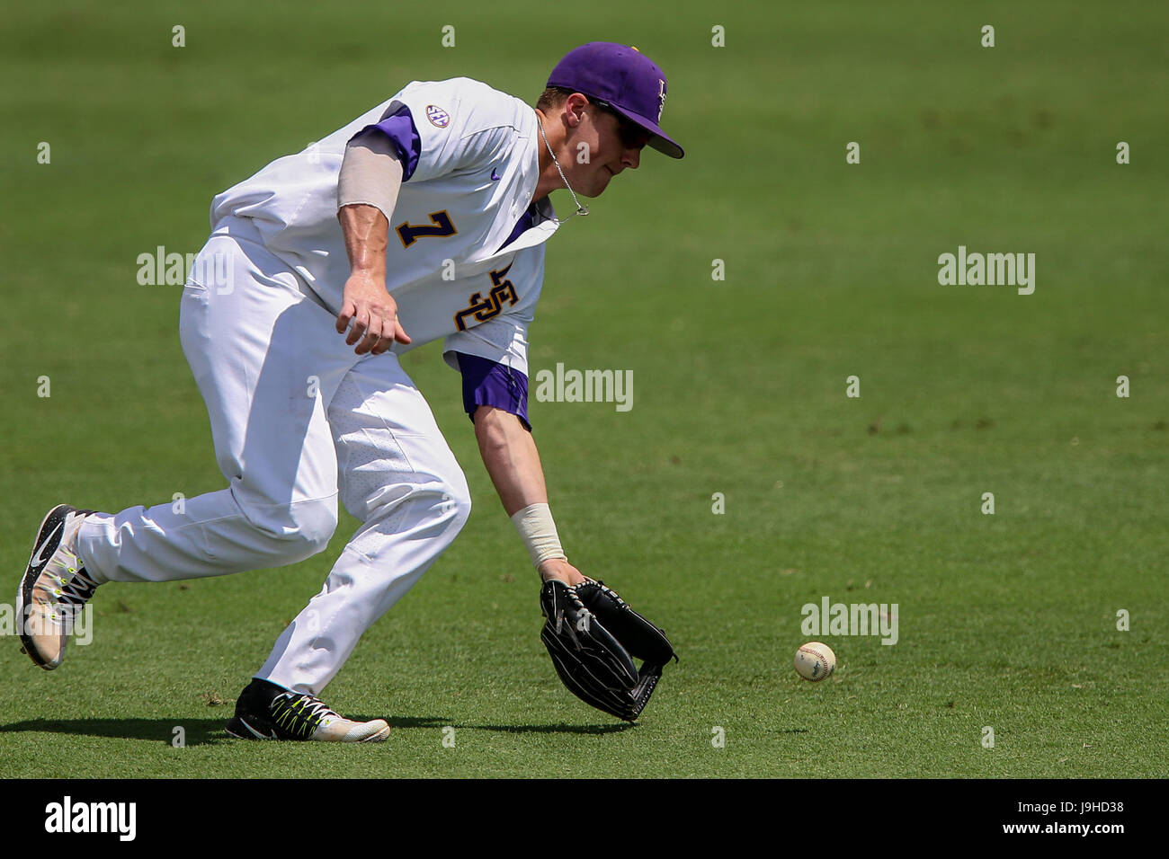 Baton Rouge, LA, USA. 02nd 2017. LSU outfielder Greg Deichmann (7) grabs a ground ball during the Baton Rouge Division I Regional game between Texas Southern and LSU at Alex Box