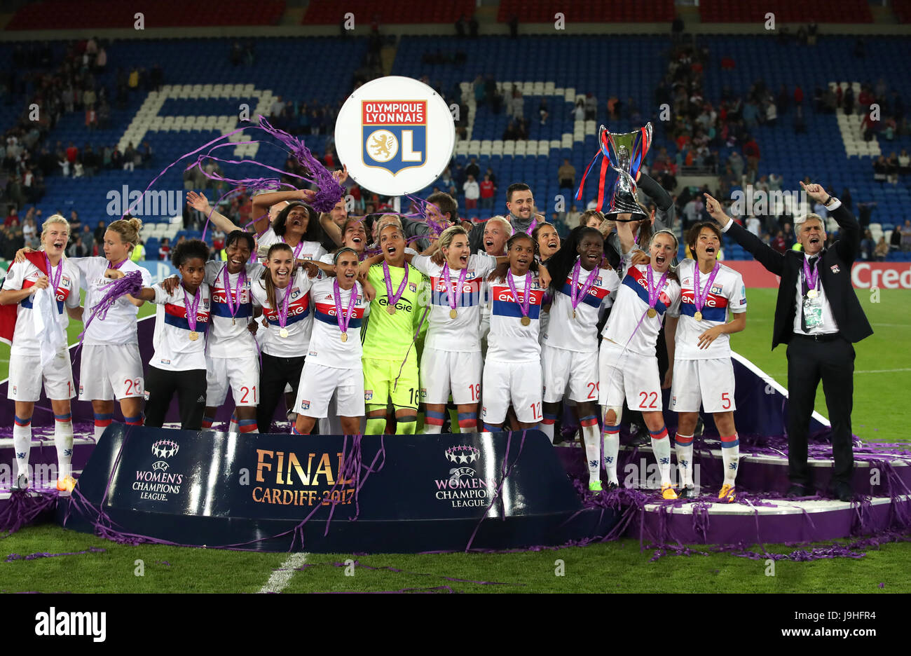 Lyon's Pauline Bremer lifts the trophy during the UEFA Women's Champions  League Final at the Cardiff City Stadium. PRESS ASSOCIATION Photo. Picture  date: Thursday June 1, 2017. See PA story SOCCER Women.
