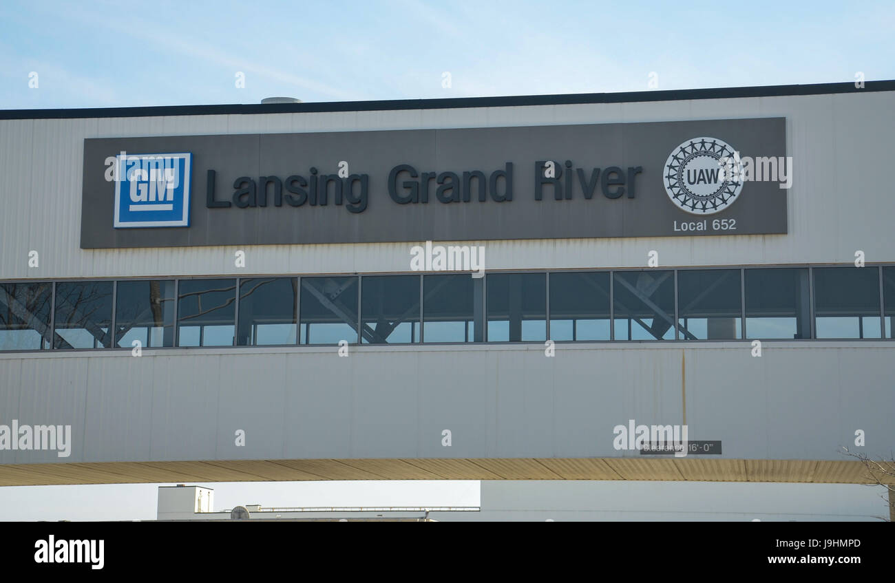 LANSING, MI - MARCH 26:  GM’s Lansing Grand River Assembly plant, shown here on March 26, 2016, houses the Camaro, Cadillac CTS and Cadillac ATS vehic Stock Photo