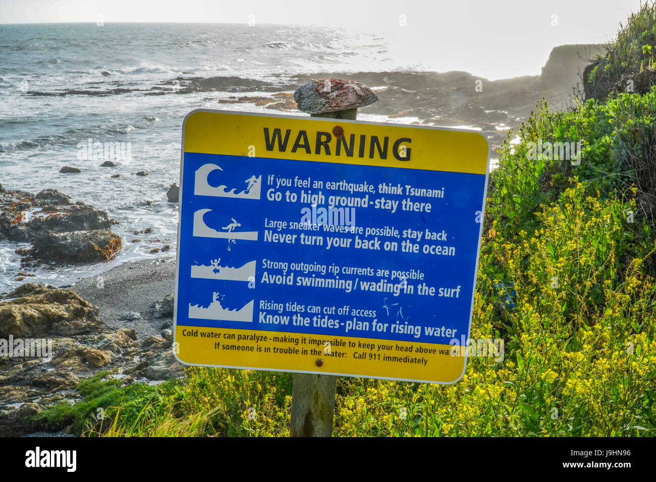 Warning sign at the coast of Shelter Cove - SHELTER COVE - CALIFORNIA - APRIL 17, 2017 Stock Photo