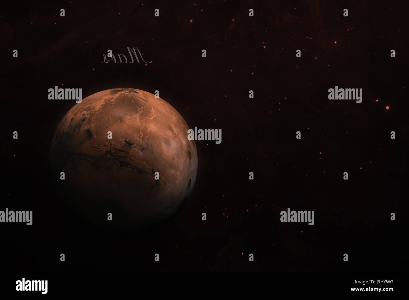 Solar System - Mars. It is the fourth planet from the Sun. Mars is a terrestrial planet with a thin atmosphere, having craters, volcanoes, valleys, de Stock Photo