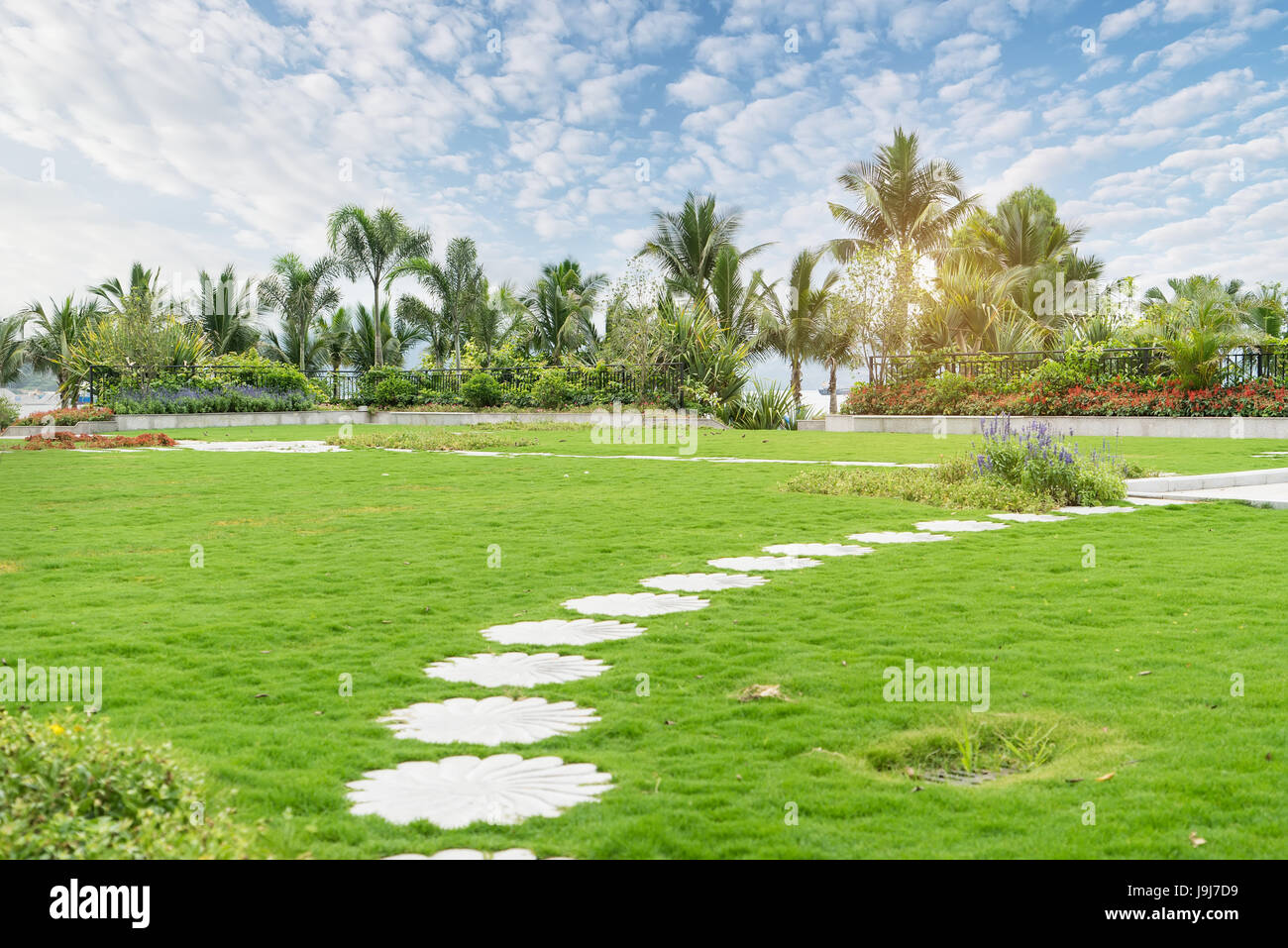 Walkway in a beautiful Park with Palms Stock Photo - Alamy
