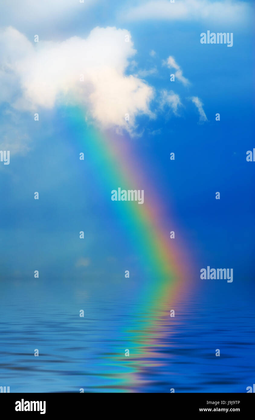 blue, buildings, city, town, reflection, rainbow, mystic, weather