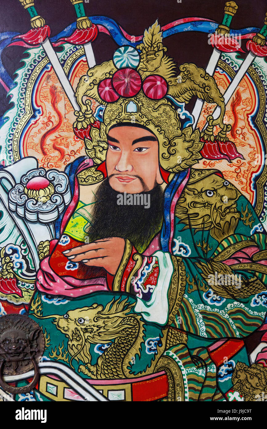 Thailand, Chiang Mai, Chinatown, Pung Tao Gong Temple, Door Painting of Chinese God Stock Photo