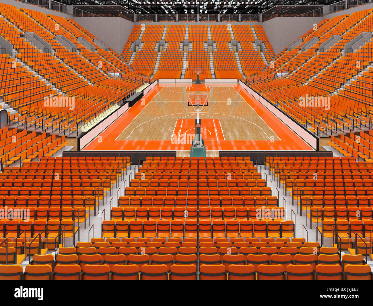 Beautiful sports arena for basketball with orange seats and VIP boxes ...