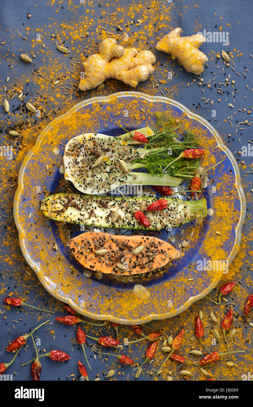 Spices and vegetables for a curry Stock Photo