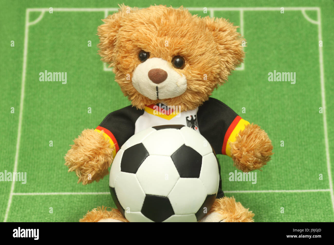 Teddy bear with football shirt on lawn background Stock Photo - Alamy